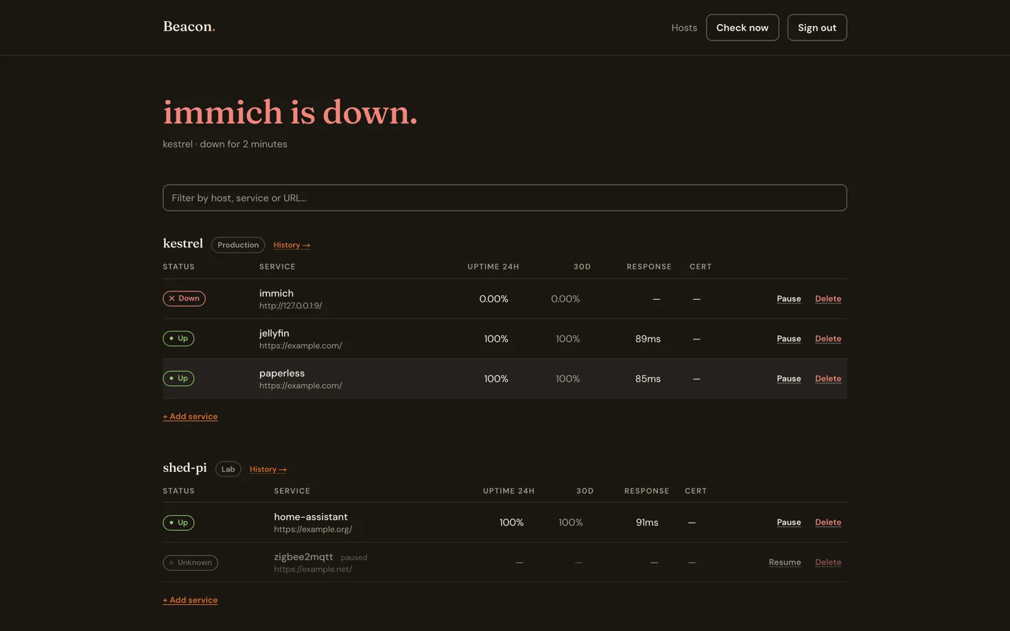The dashboard: a plain-language verdict, then services grouped by the machine they run on.