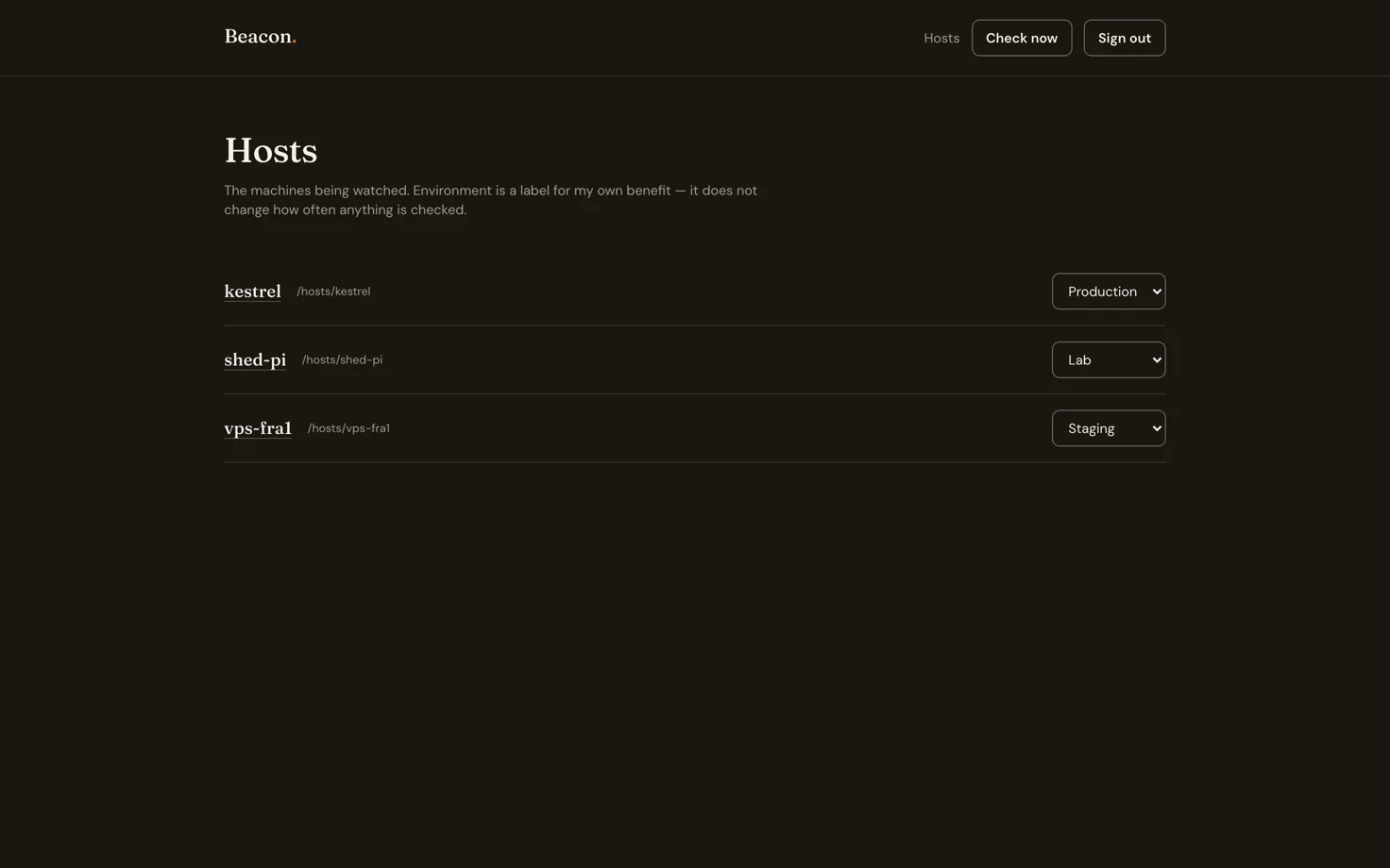 The host list. Environment is a label for my own benefit — it changes nothing about how often anything is checked.