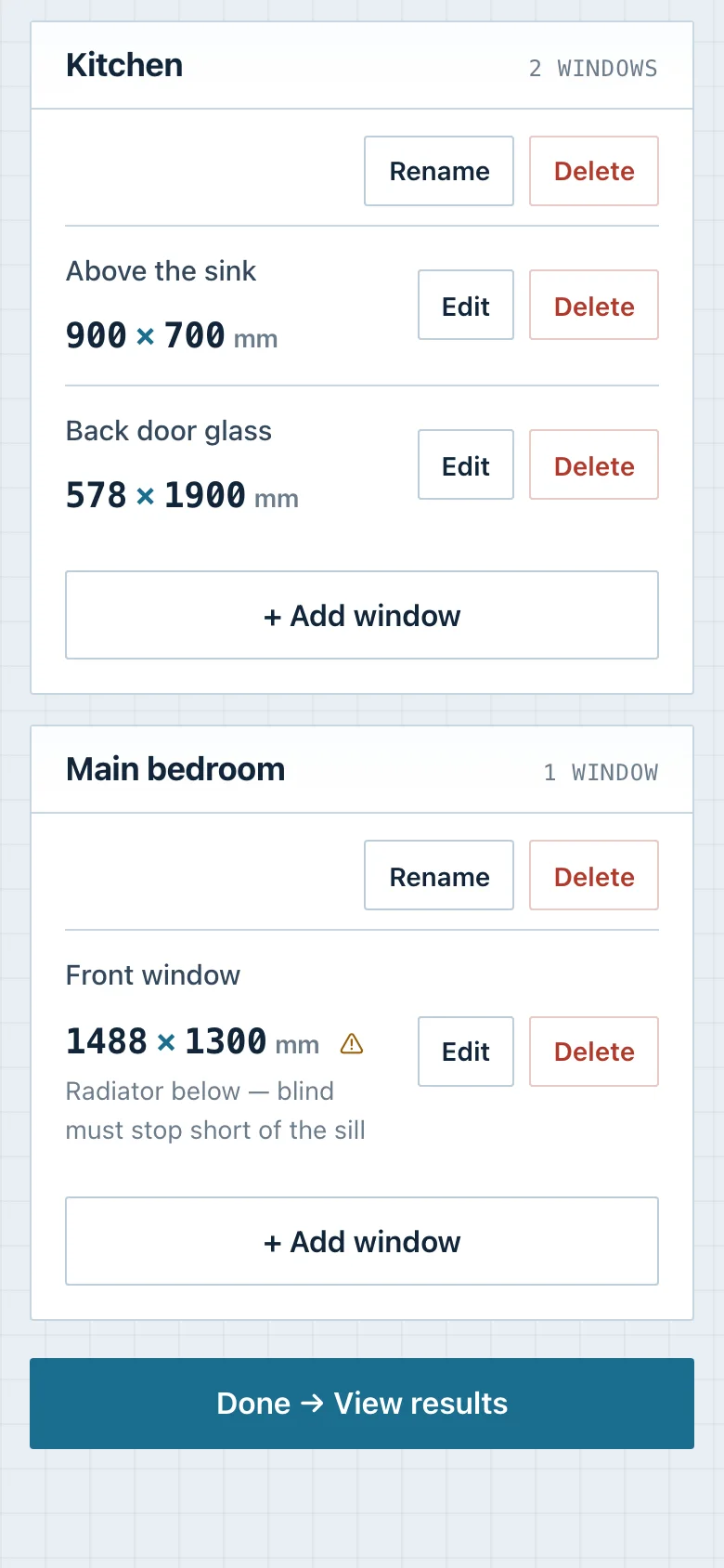 Rooms as sheets, each with a title block and its window count. The blind size is the largest thing in the row, because it is what you came for; a window whose measurements disagree by more than 10mm carries a warning.