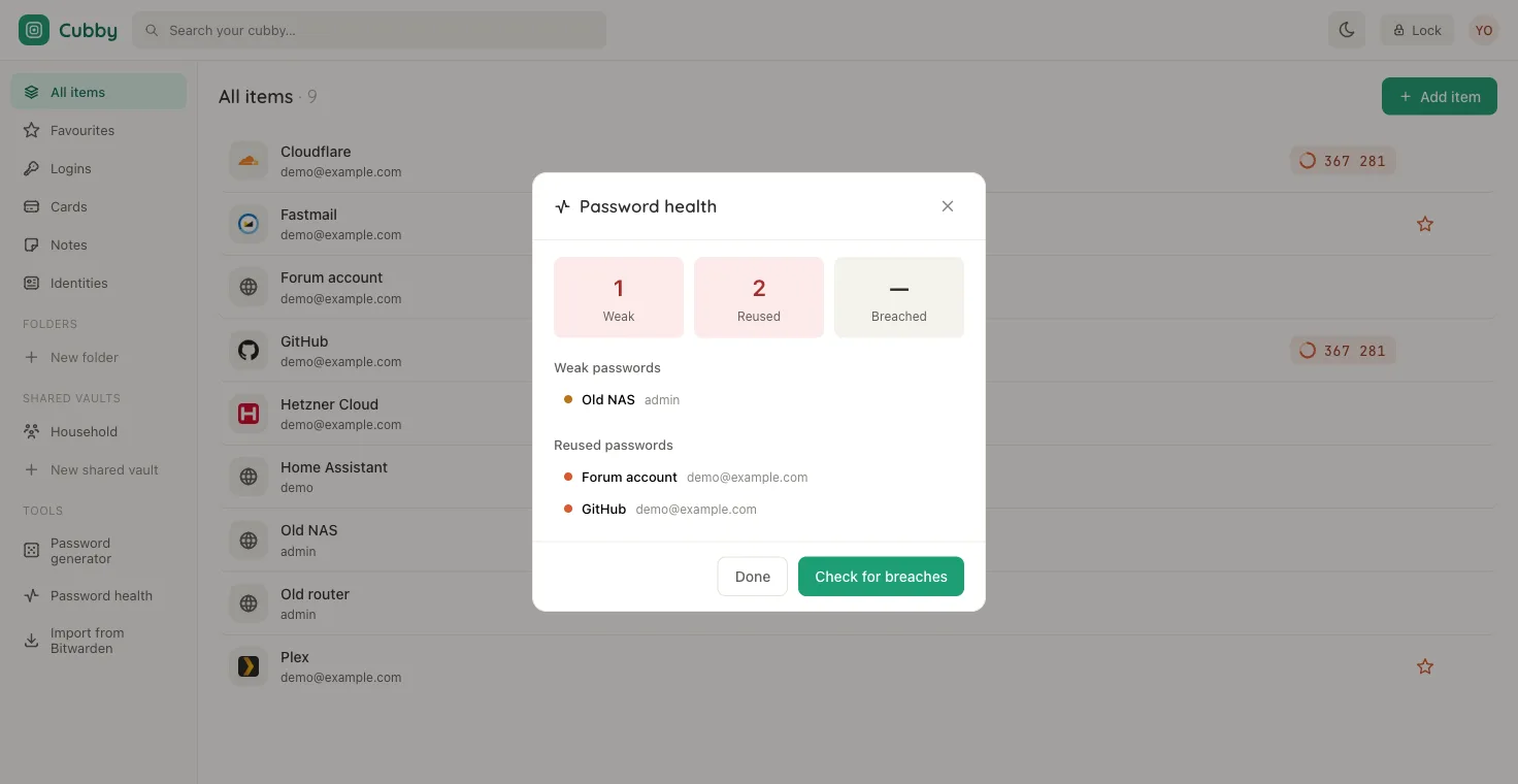 Password health. Reuse is exact-match across the vault; the breach check is HIBP k-anonymity, so no password or full hash leaves the client.