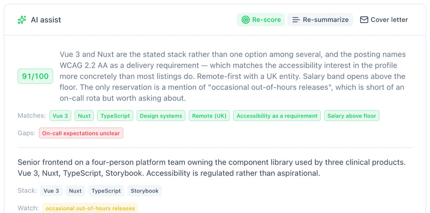 The AI panel: a score, the reasoning behind it, matches and gaps, and the extracted stack.
