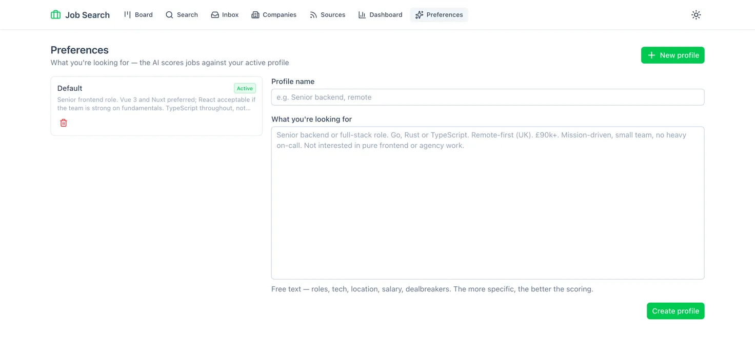 The preference profile. Prose rather than checkboxes, because the things that decide a yes or no are not checkboxes.