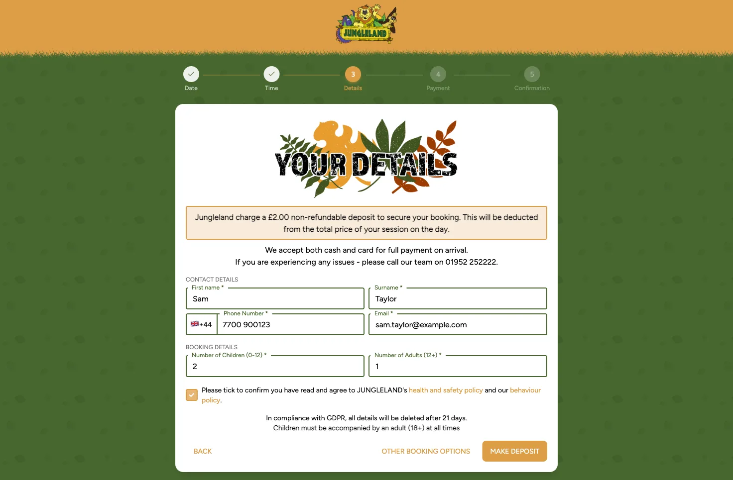 The details step. The £2 deposit is stated plainly before anyone reaches a card field.