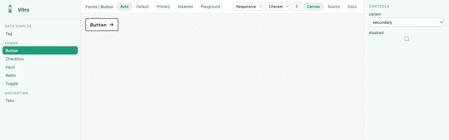 The Auto variant. Nobody wrote those controls — variant and disabled are read off the component's own prop types.