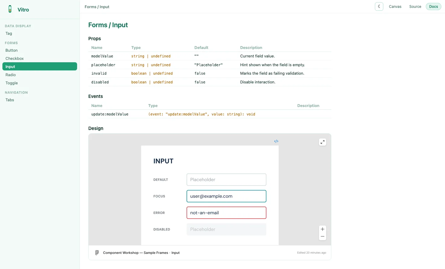 Autodocs for a component, with the Figma frame it was designed from directly underneath. Props, events and the design source in one view.
