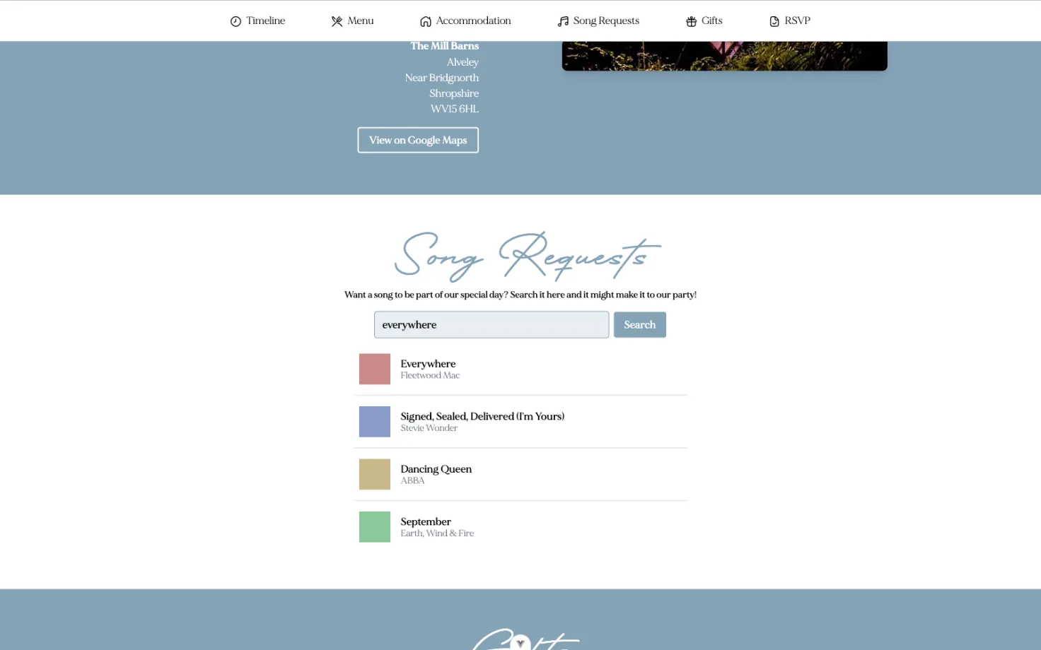 Song requests search Spotify directly from the browser; the chosen track rides along with the RSVP.